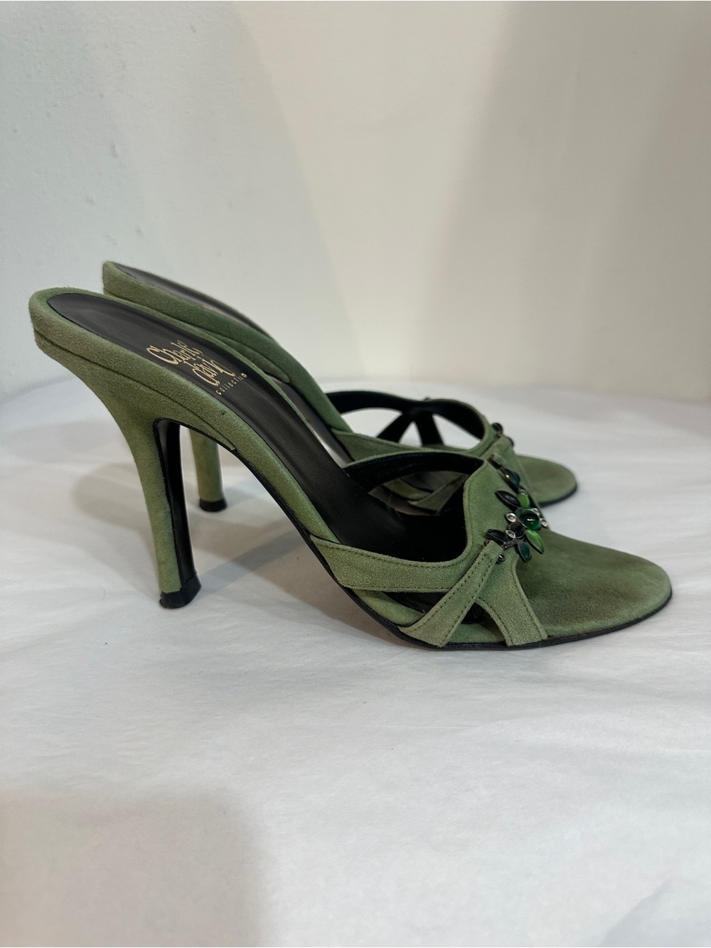 Charles David Olive Green Suede Gem-Embellished Mules - Picture 3 of 6